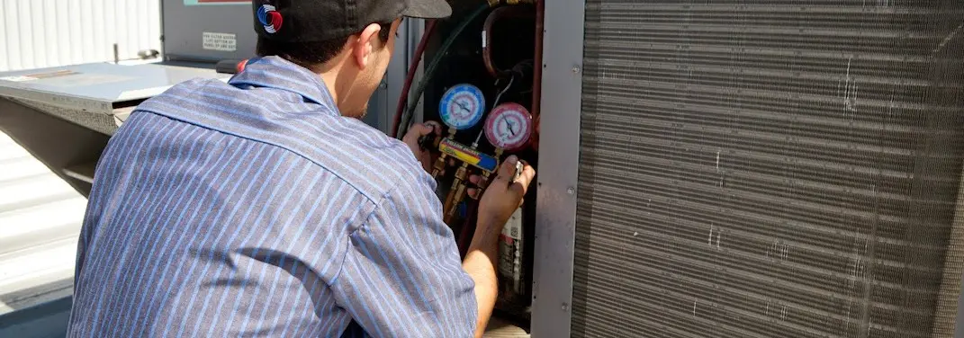 HVAC technician servicing a condenser unit in Lake in the Hills
